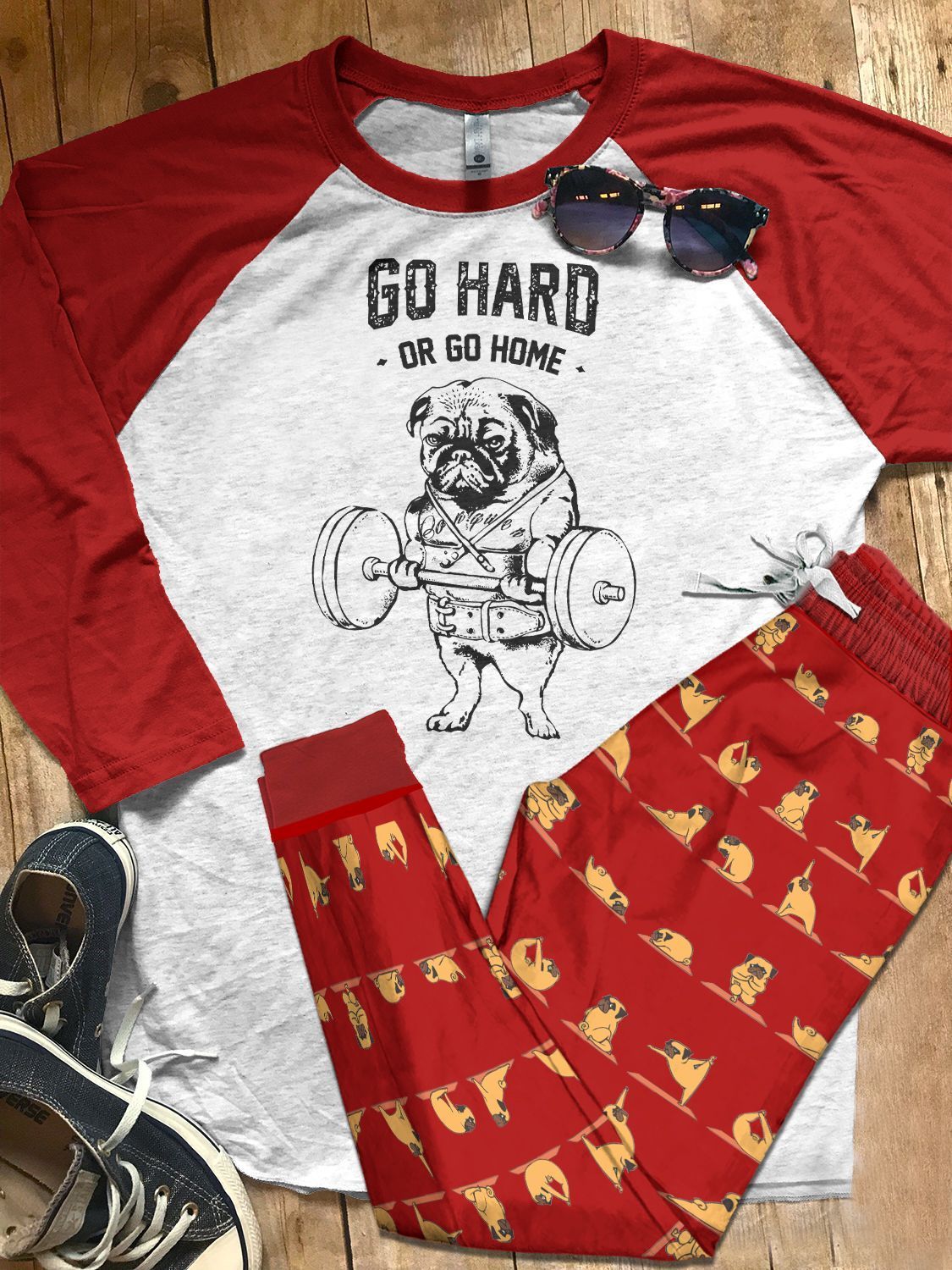 Pug Set Colors Go Hard Or Go Home Pajama Set |Sleepwear Pjs Sets | Raglan Shirt Pants Set