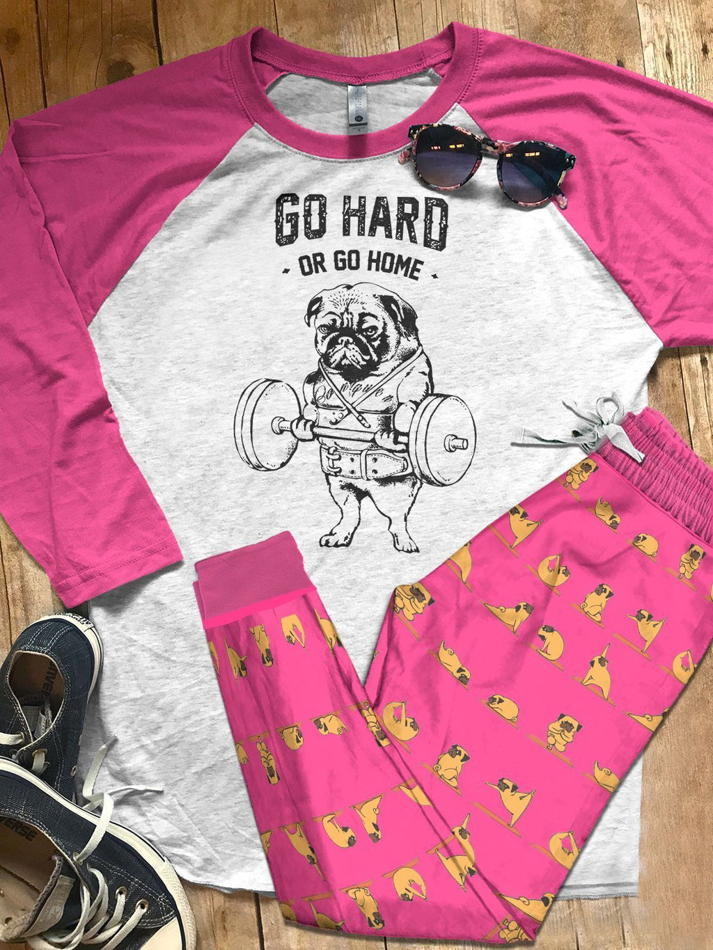 Pug Set Colors Go Hard Or Go Home Pajama Set |Sleepwear Pjs Sets | Raglan Shirt Pants Set