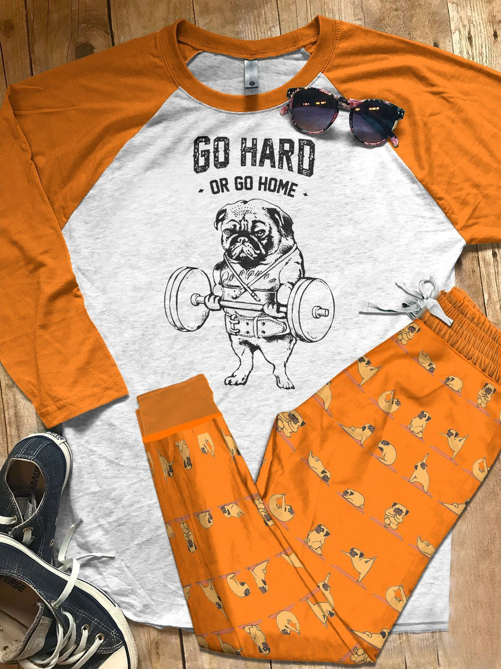 Pug Set Colors Go Hard Or Go Home Pajama Set |Sleepwear Pjs Sets | Raglan Shirt Pants Set