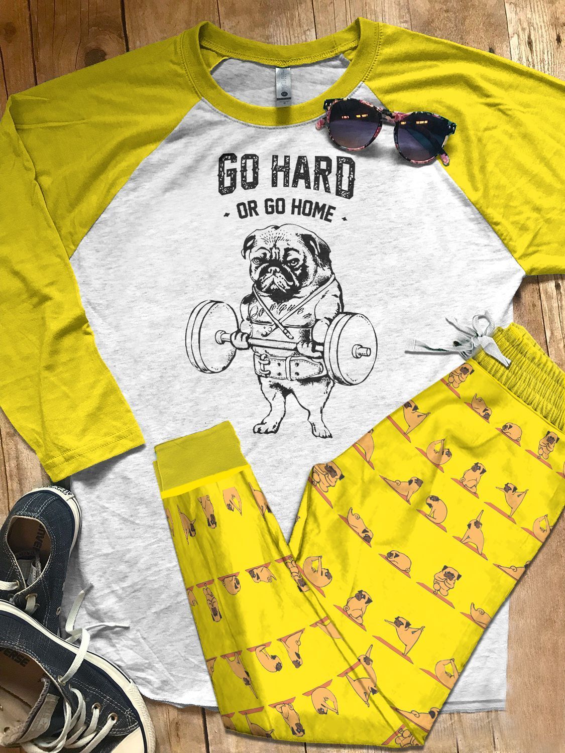 Pug Set Colors Go Hard Or Go Home Pajama Set |Sleepwear Pjs Sets | Raglan Shirt Pants Set