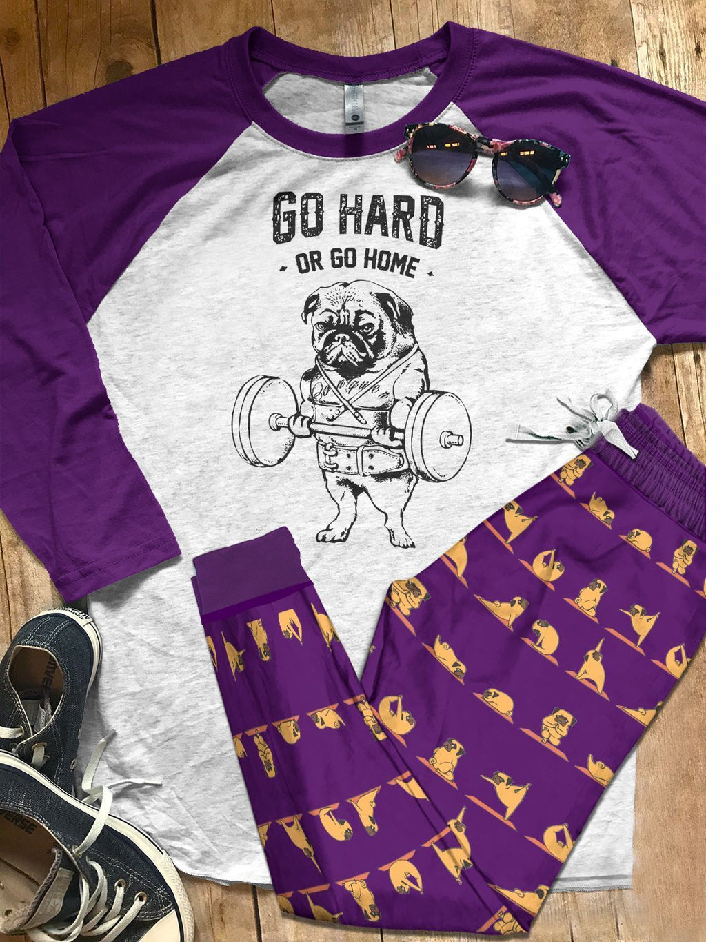 Pug Set Colors Go Hard Or Go Home Pajama Set |Sleepwear Pjs Sets | Raglan Shirt Pants Set