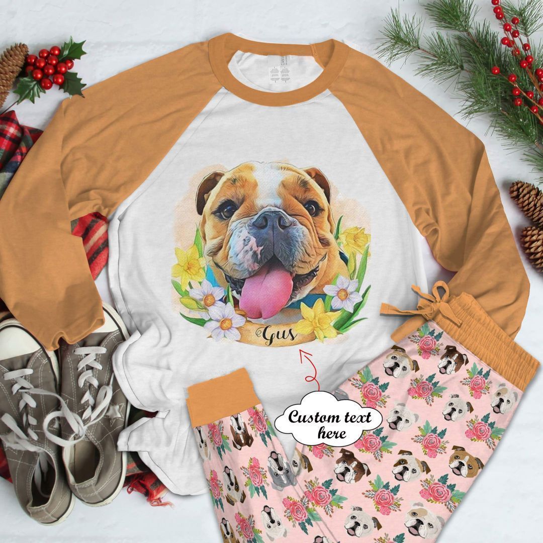 Bulldog Lovely Bull Dog Personalized Orange Best Pajama Set |Sleepwear Pjs Sets | Raglan Shirt Pants Set