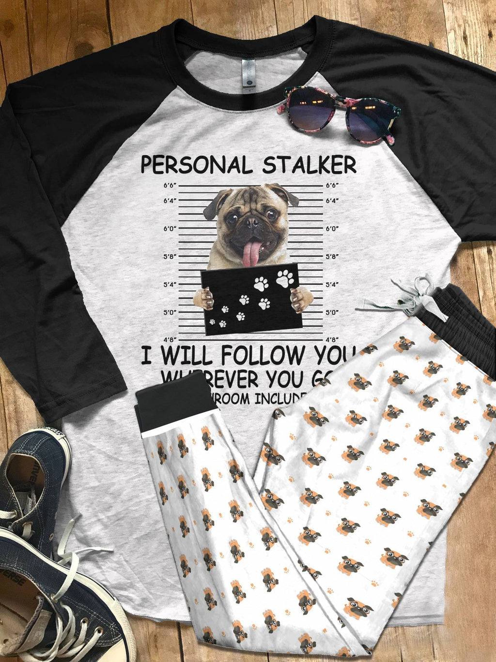 Pug Personal Stalker Black Awesome Pajama Set |Sleepwear Pjs Sets | Raglan Shirt Pants Set