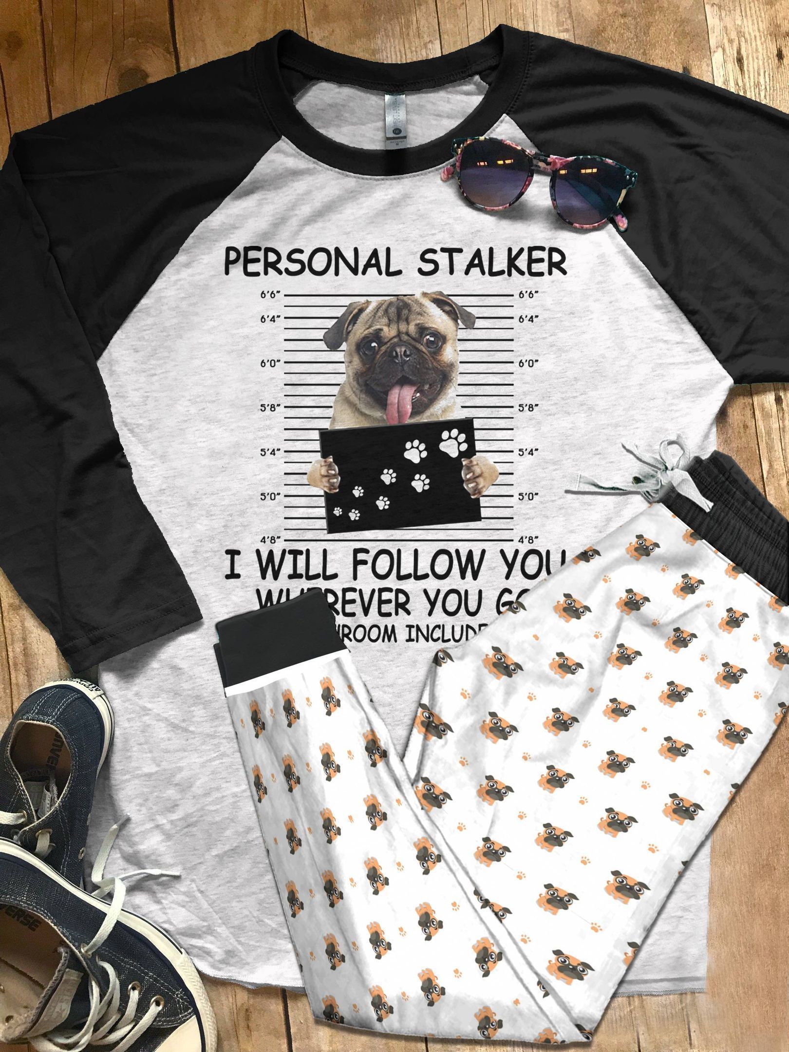 Pug Personal Stalker Black Awesome Pajama Set |Sleepwear Pjs Sets | Raglan Shirt Pants Set